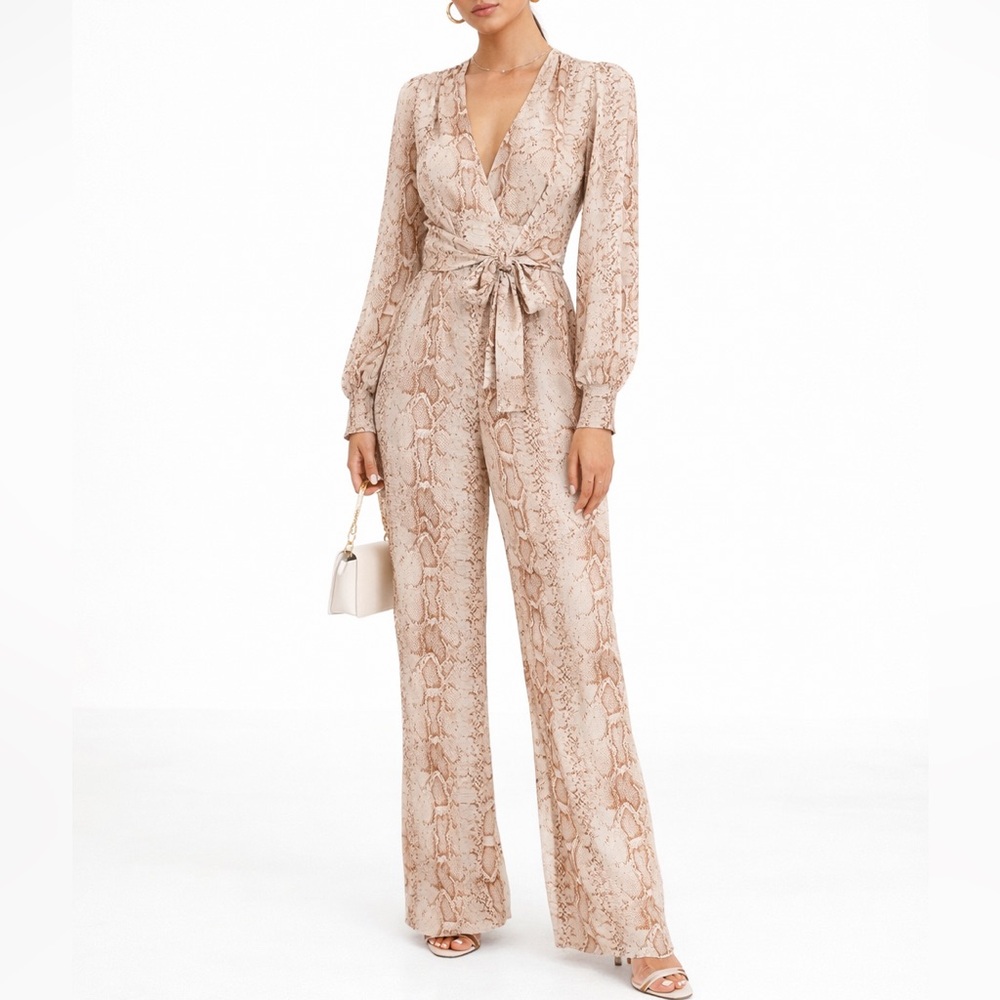 Bar III Beige Snake Print Wrap Jumpsuit